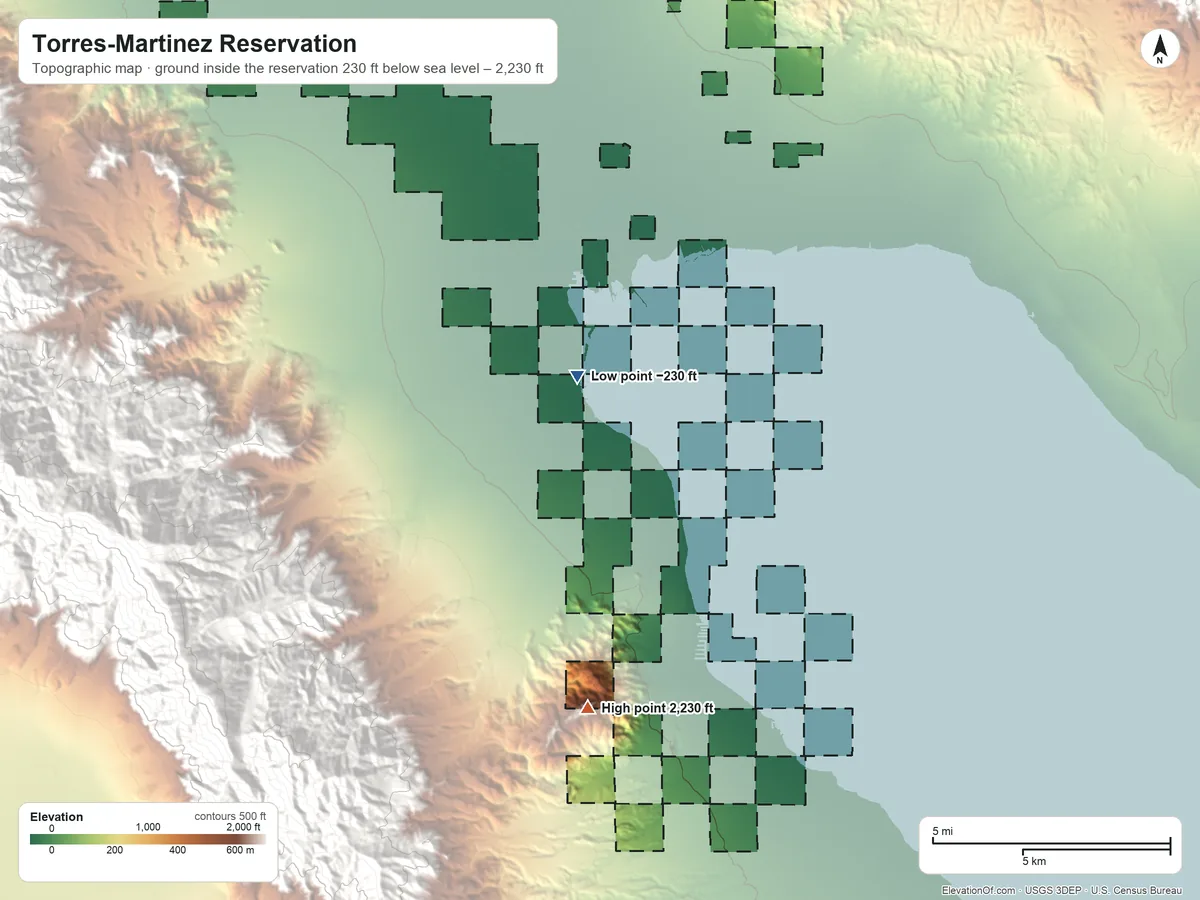 Topographic elevation map of Torres-Martinez Reservation, California, shaded from 230 ft below sea level near the middle to 2,230 ft on the south side