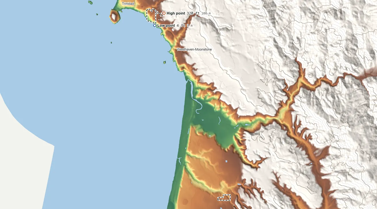 Topographic elevation map of Trinidad Rancheria, California, shaded from 4 ft on the northwest side to 320 ft on the north side