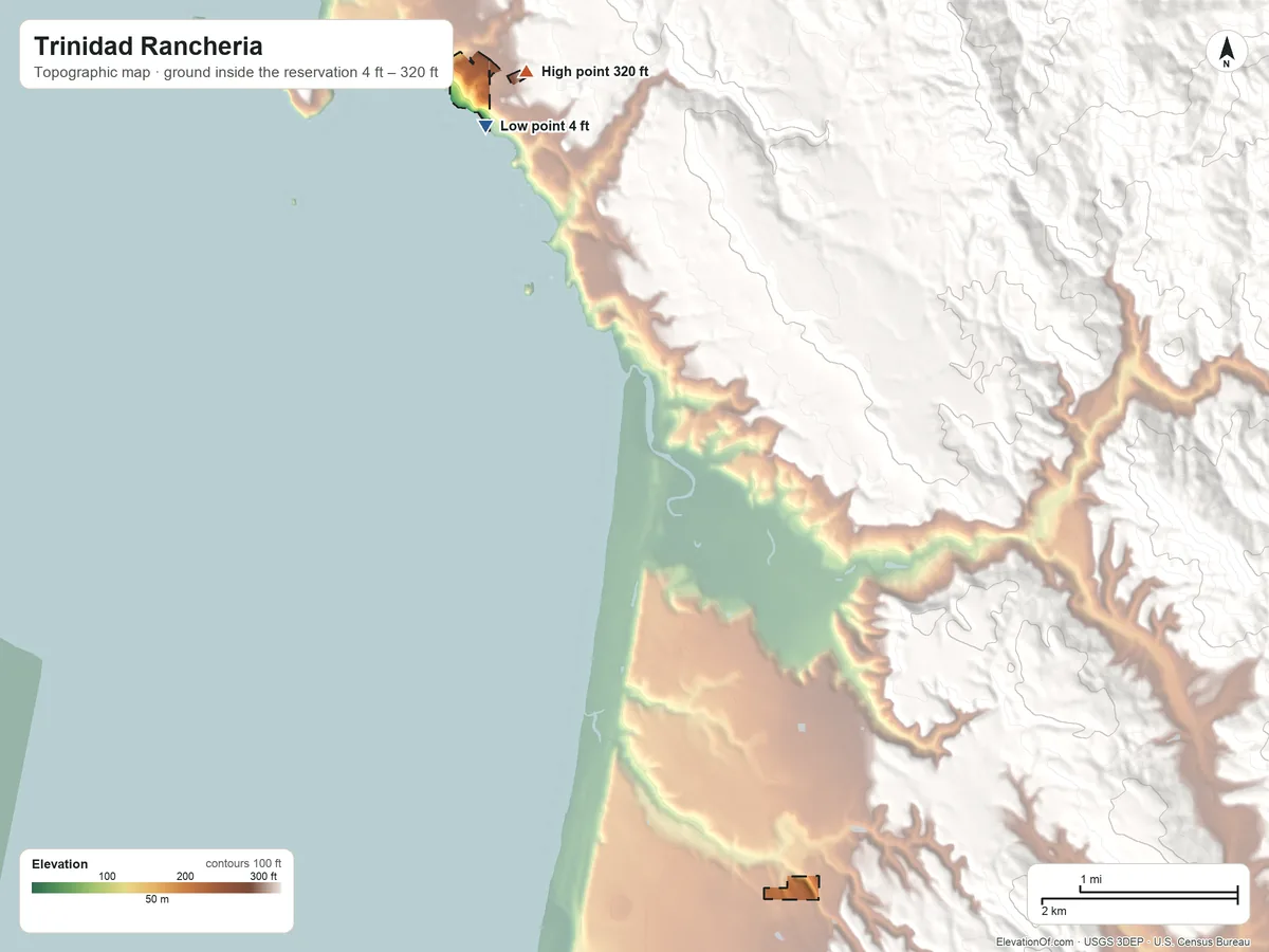 Topographic elevation map of Trinidad Rancheria, California, shaded from 4 ft on the northwest side to 320 ft on the north side