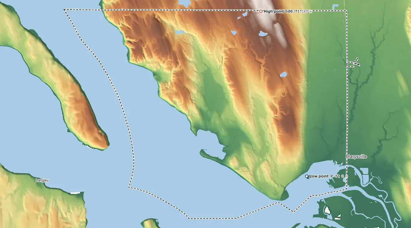 Topographic elevation map of Tulalip Reservation, Washington, shaded from sea level on the Salish Sea to 600 ft on the northeast side