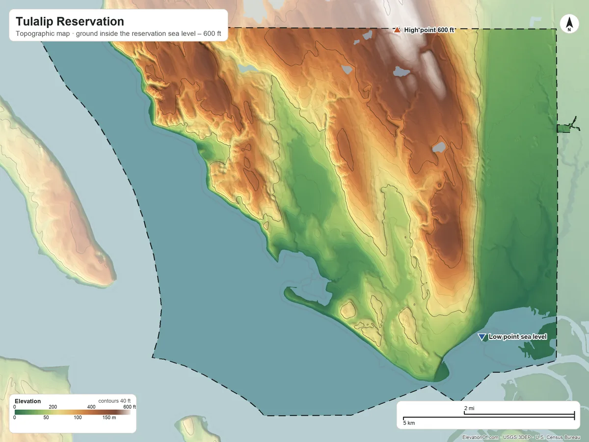 Topographic elevation map of Tulalip Reservation, Washington, shaded from sea level on the Salish Sea to 600 ft on the northeast side