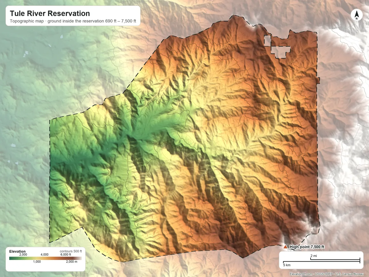 Topographic elevation map of Tule River Reservation, California, shaded from 690 ft on the northwest side to 7,500 ft on the southeast side