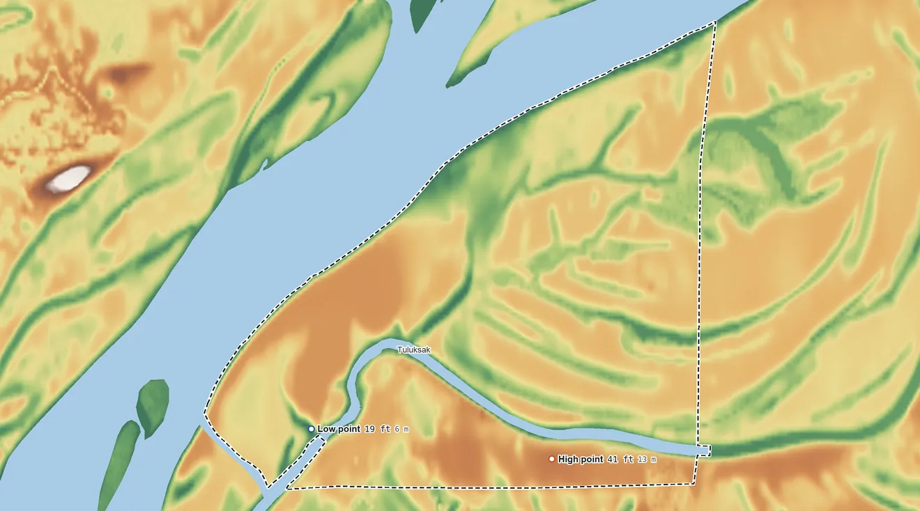 Topographic elevation map of Tuluksak ANVSA, Alaska, shaded from 19 ft on the southwest side to 41 ft on the southeast side