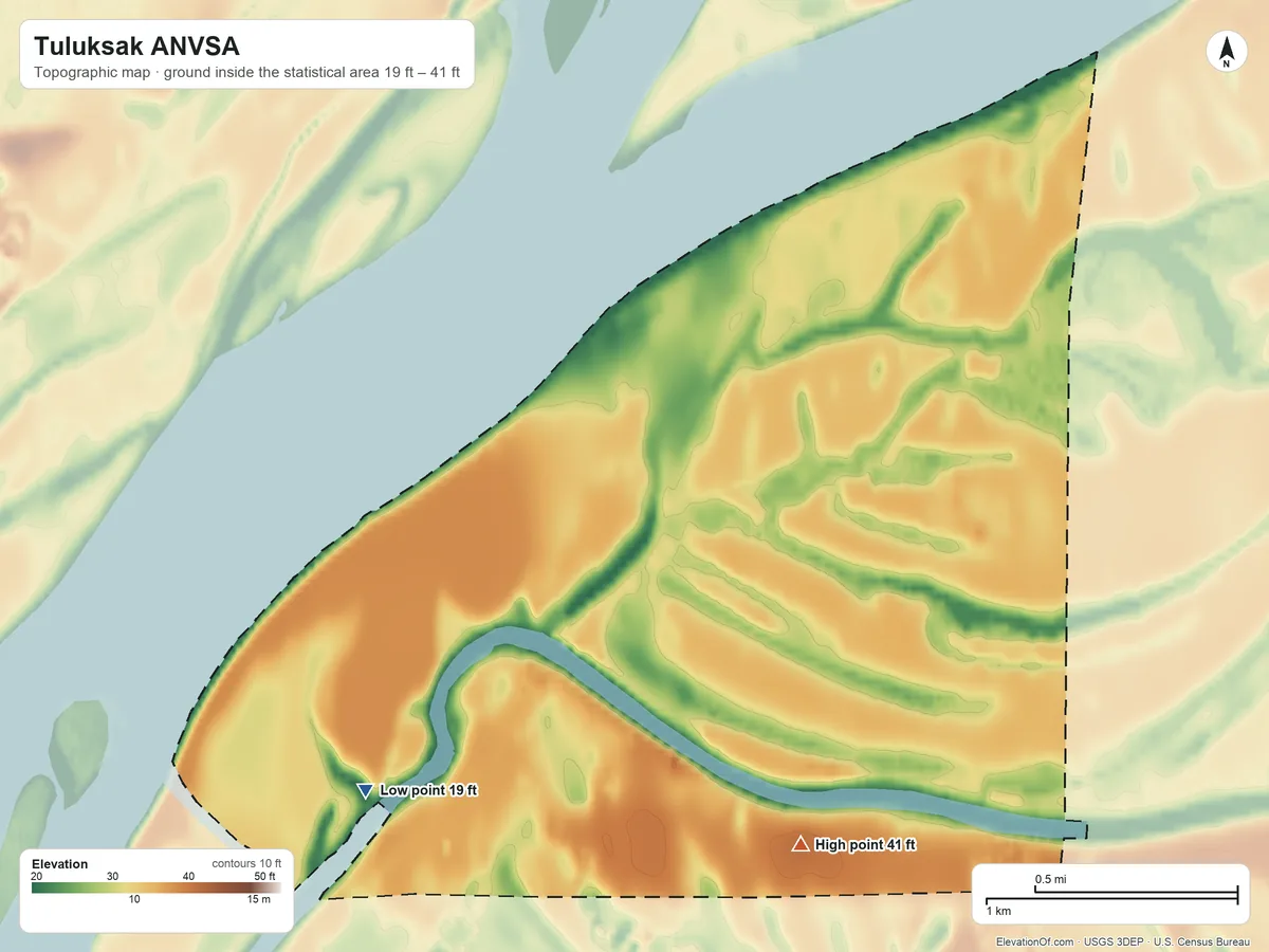 Topographic elevation map of Tuluksak ANVSA, Alaska, shaded from 19 ft on the southwest side to 41 ft on the southeast side