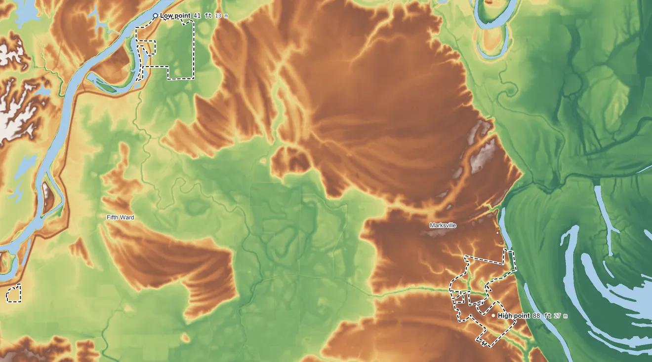 Topographic elevation map of Tunica-Biloxi Reservation, Louisiana, shaded from 41 ft on the northwest side to 88 ft on the southeast side