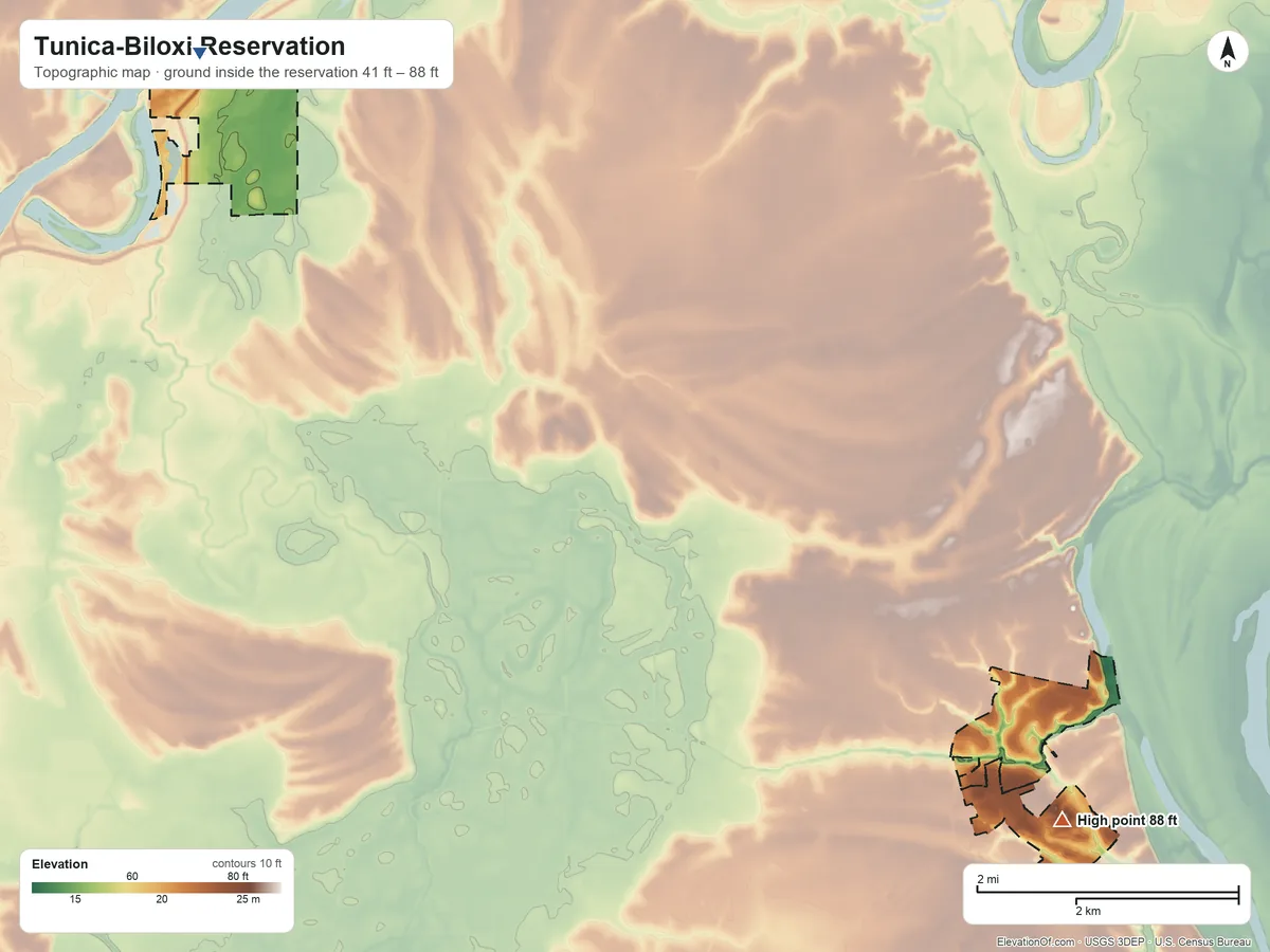 Topographic elevation map of Tunica-Biloxi Reservation, Louisiana, shaded from 41 ft on the northwest side to 88 ft on the southeast side