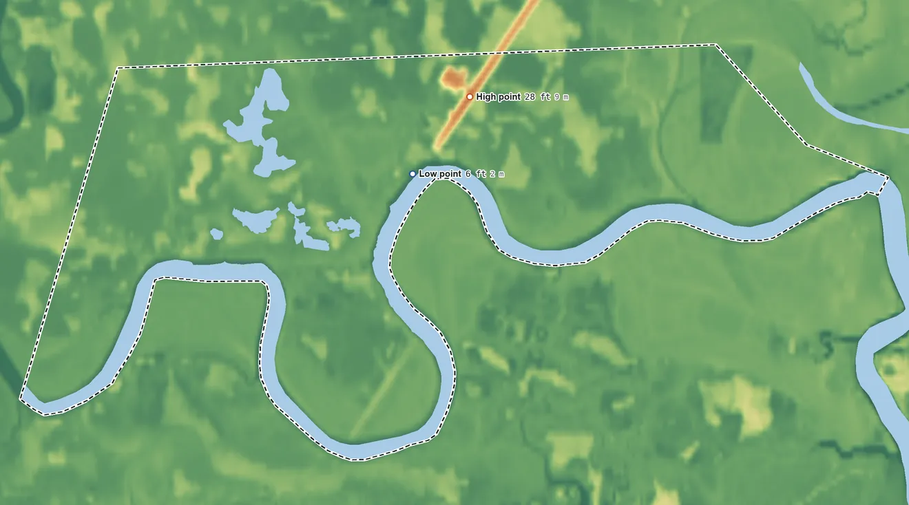 Topographic elevation map of Tuntutuliak ANVSA, Alaska, shaded from 6 ft near the middle to 28 ft on the north side