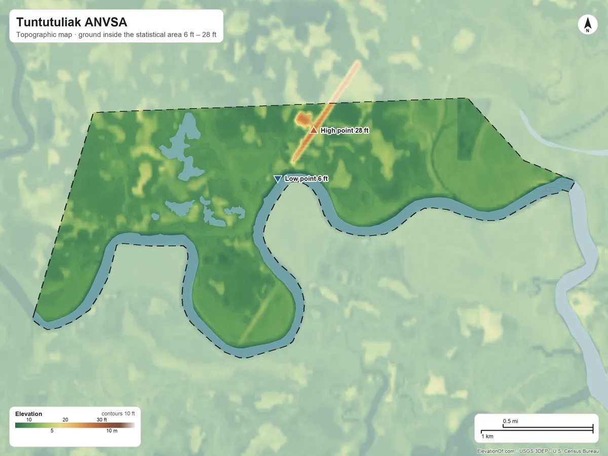 Topographic elevation map of Tuntutuliak ANVSA, Alaska, shaded from 6 ft near the middle to 28 ft on the north side