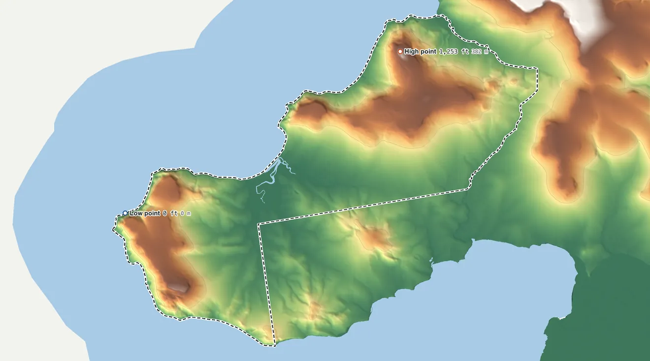 Topographic elevation map of Tununak ANVSA, Alaska, shaded from sea level on Hazen Bay to 1,253 ft on Killinupak Mountain
