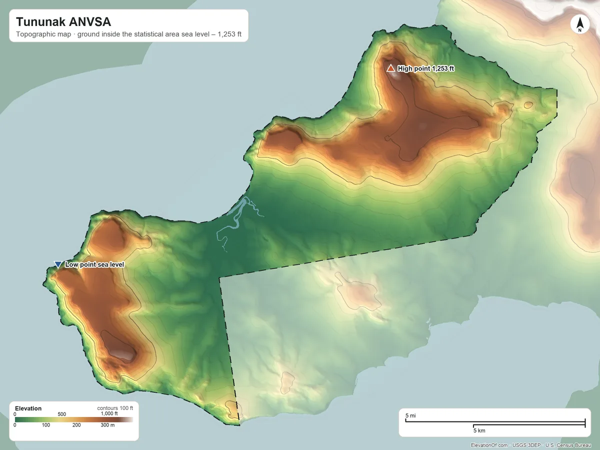 Topographic elevation map of Tununak ANVSA, Alaska, shaded from sea level on Hazen Bay to 1,253 ft on Killinupak Mountain