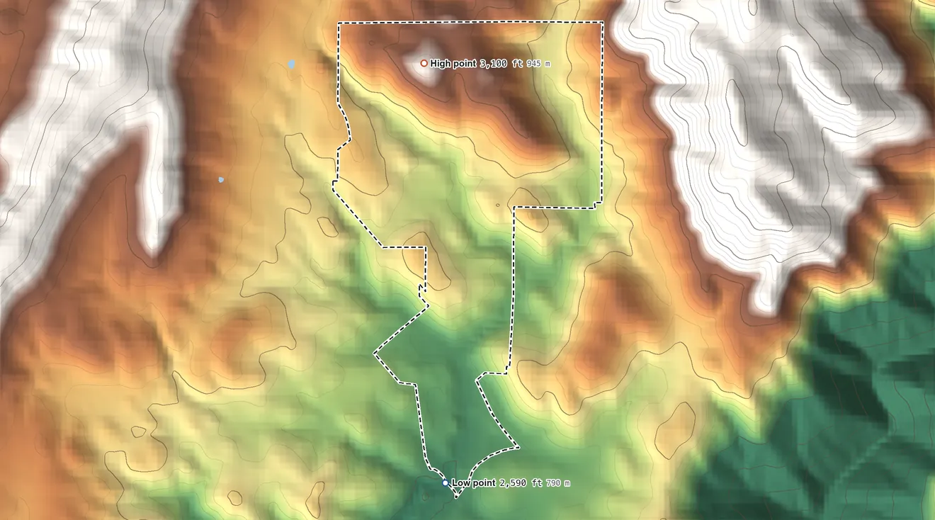 Topographic elevation map of Tuolumne Rancheria, California, shaded from 2,590 ft on the south side to 3,100 ft on the north side
