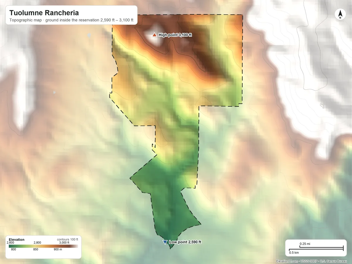 Topographic elevation map of Tuolumne Rancheria, California, shaded from 2,590 ft on the south side to 3,100 ft on the north side