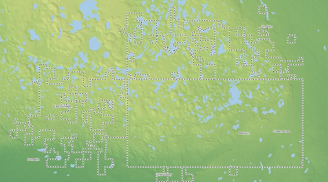 Topographic elevation map of Turtle Mountain Reservation, North Dakota, shaded from 1,240 ft on the east side to 4,730 ft on the west side