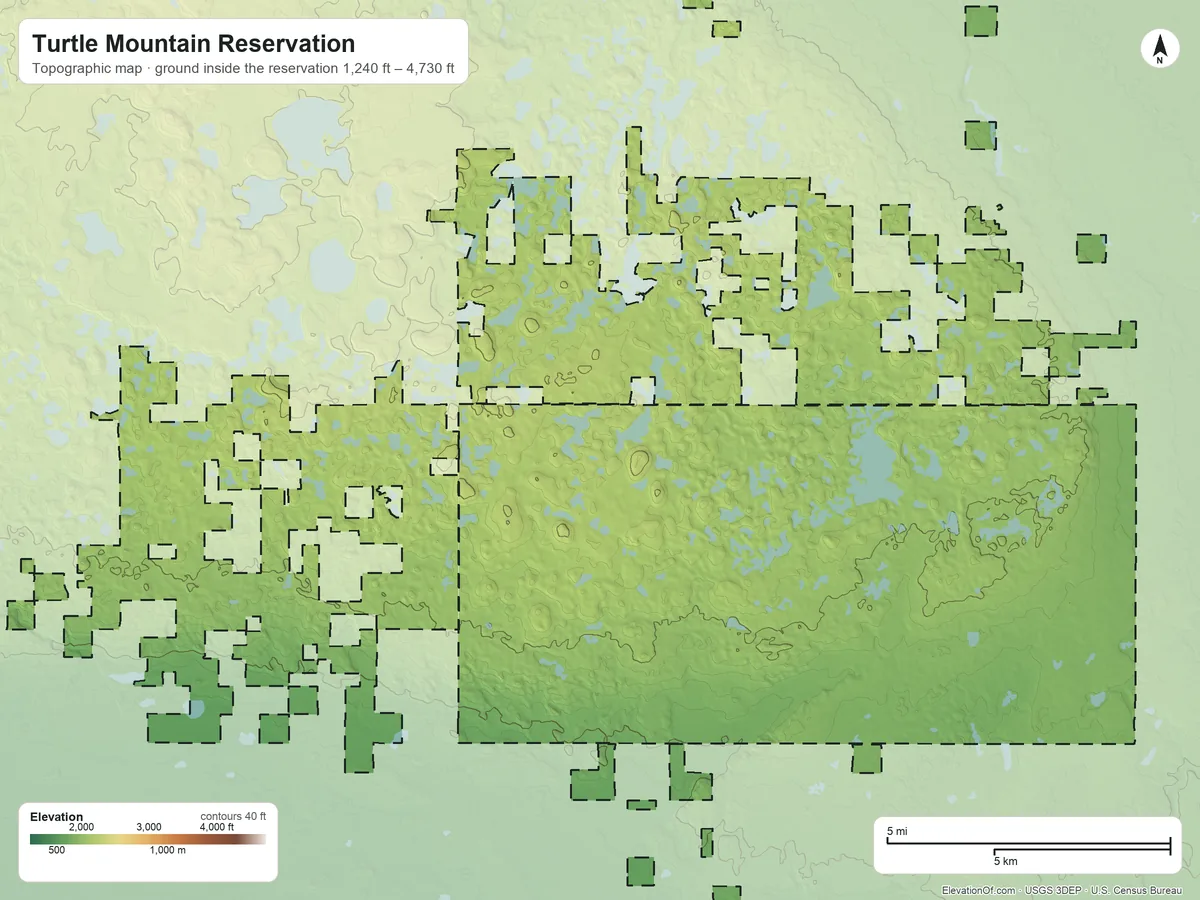Topographic elevation map of Turtle Mountain Reservation, North Dakota, shaded from 1,240 ft on the east side to 4,730 ft on the west side