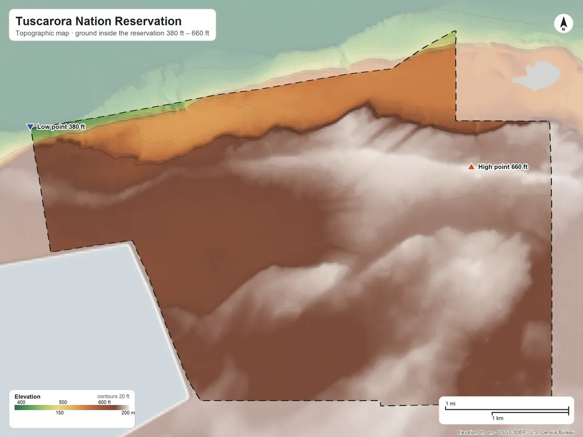 Topographic elevation map of Tuscarora Nation Reservation, New York, shaded from 380 ft on the west side to 660 ft on the east side