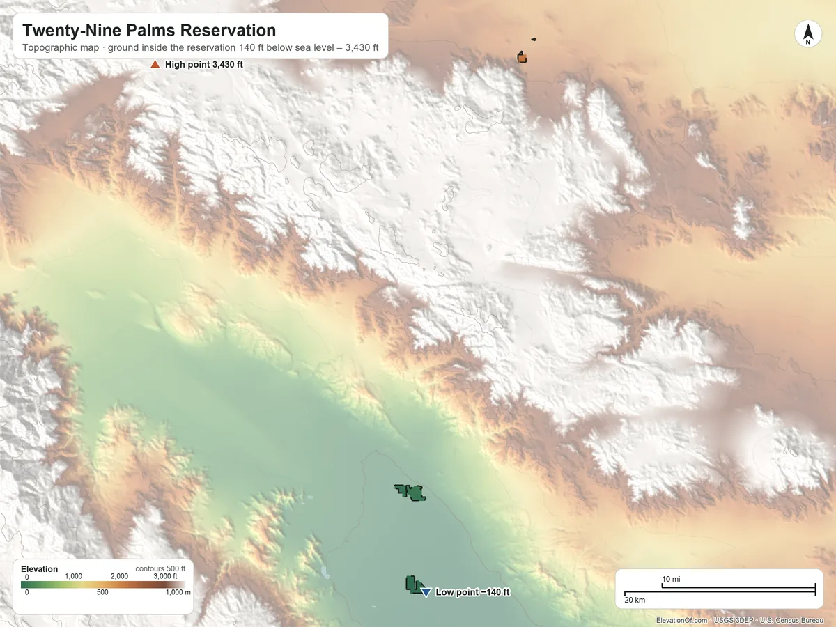 Topographic elevation map of Twenty-Nine Palms Reservation, California, shaded from 140 ft below sea level on the south side to 3,430 ft on the northwest side