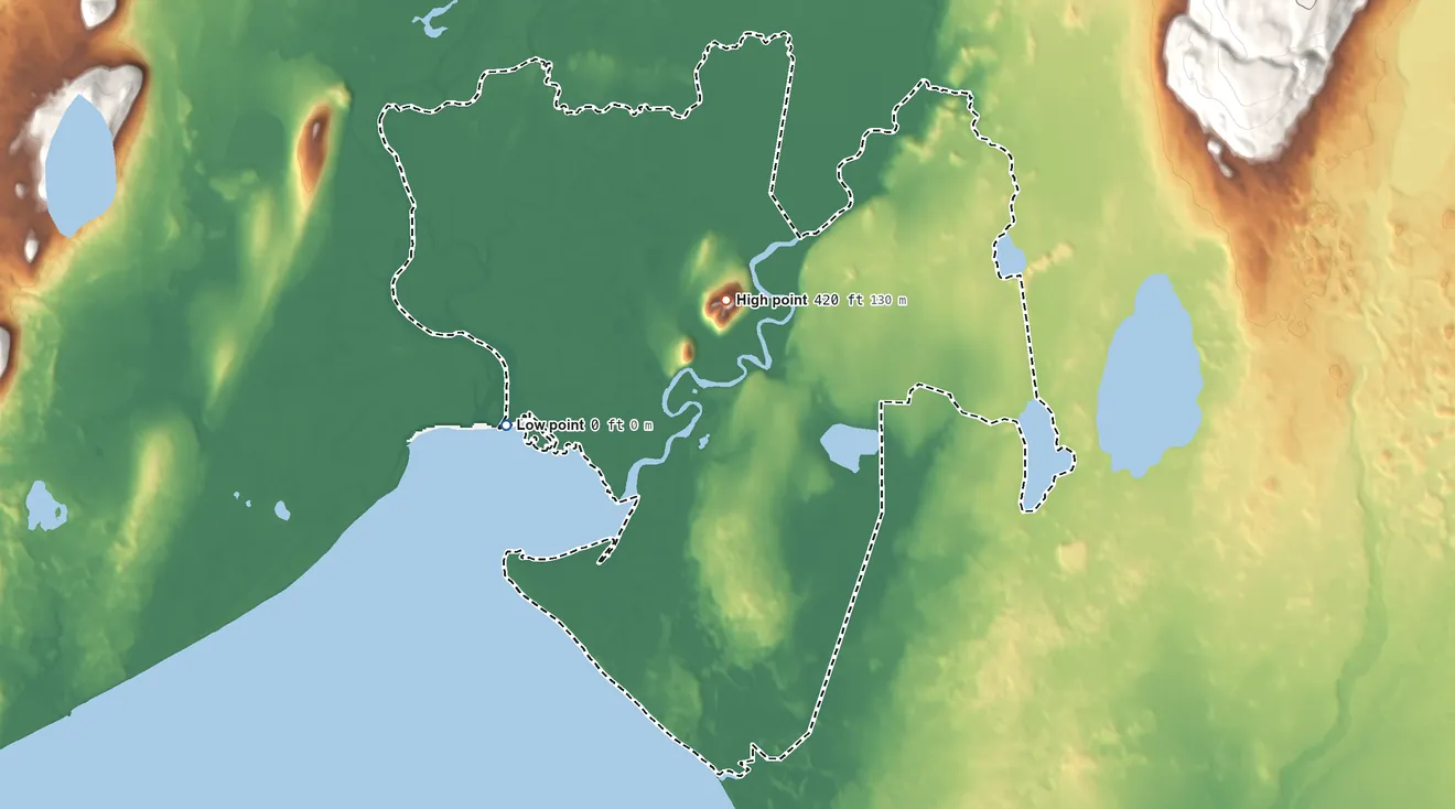 Topographic elevation map of Twin Hills ANVSA, Alaska, shaded from sea level on Togiak Bay to 420 ft on the north side