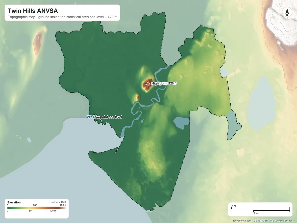 Topographic elevation map of Twin Hills ANVSA, Alaska, shaded from sea level on Togiak Bay to 420 ft on the north side