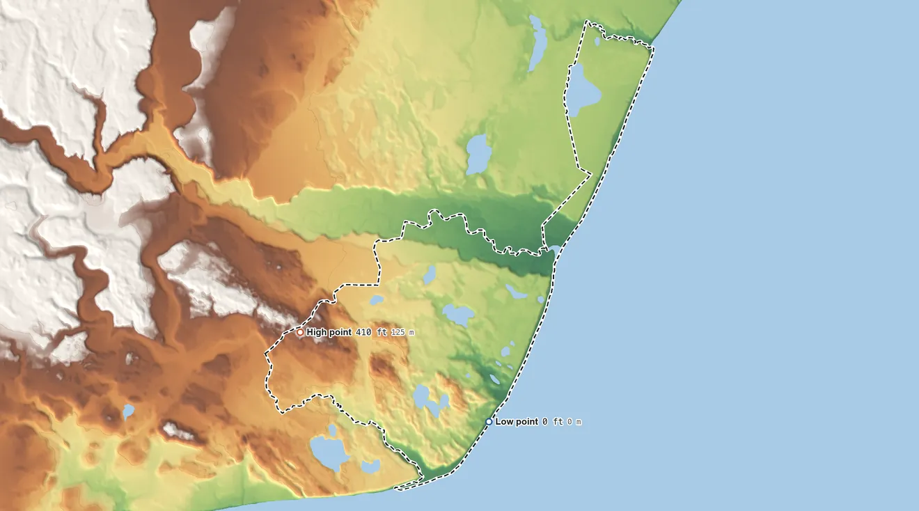 Topographic elevation map of Tyonek ANVSA, Alaska, shaded from sea level on Cook Inlet to 410 ft on the southwest side