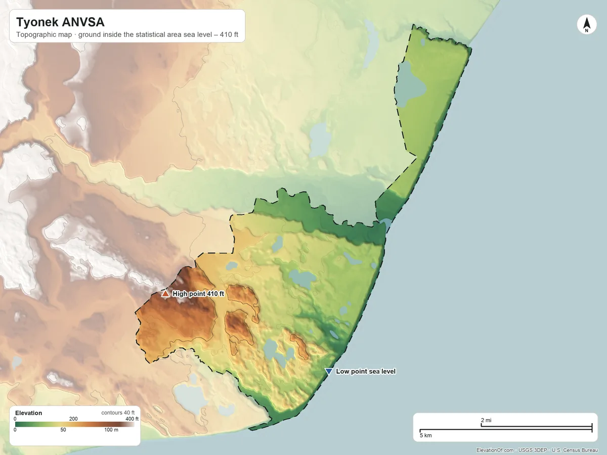 Topographic elevation map of Tyonek ANVSA, Alaska, shaded from sea level on Cook Inlet to 410 ft on the southwest side