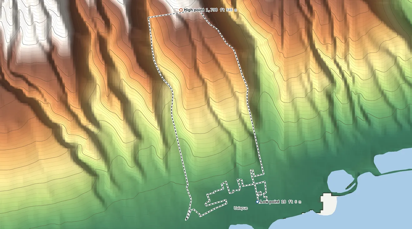 Topographic elevation map of Ualapue Hawaiian Home Land, Hawaii, shaded from 18 ft on the southeast side to 1,790 ft on the north side