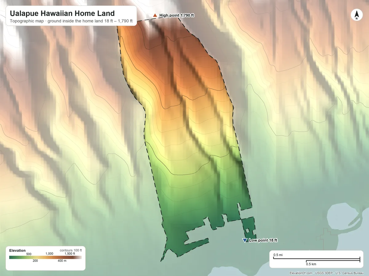 Topographic elevation map of Ualapue Hawaiian Home Land, Hawaii, shaded from 18 ft on the southeast side to 1,790 ft on the north side