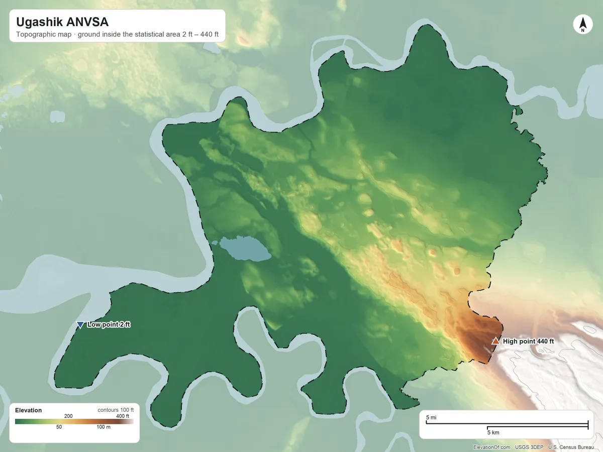 Topographic elevation map of Ugashik ANVSA, Alaska, shaded from 2 ft on the southwest side to 440 ft on the southeast side