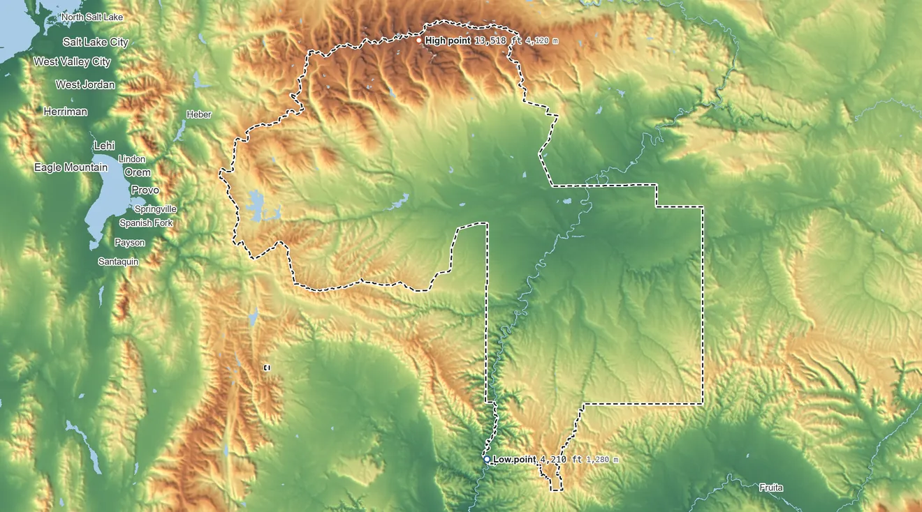 Topographic elevation map of Uintah and Ouray Reservation, Utah, shaded from 4,210 ft on the south side to 13,518 ft on South Kings Peak