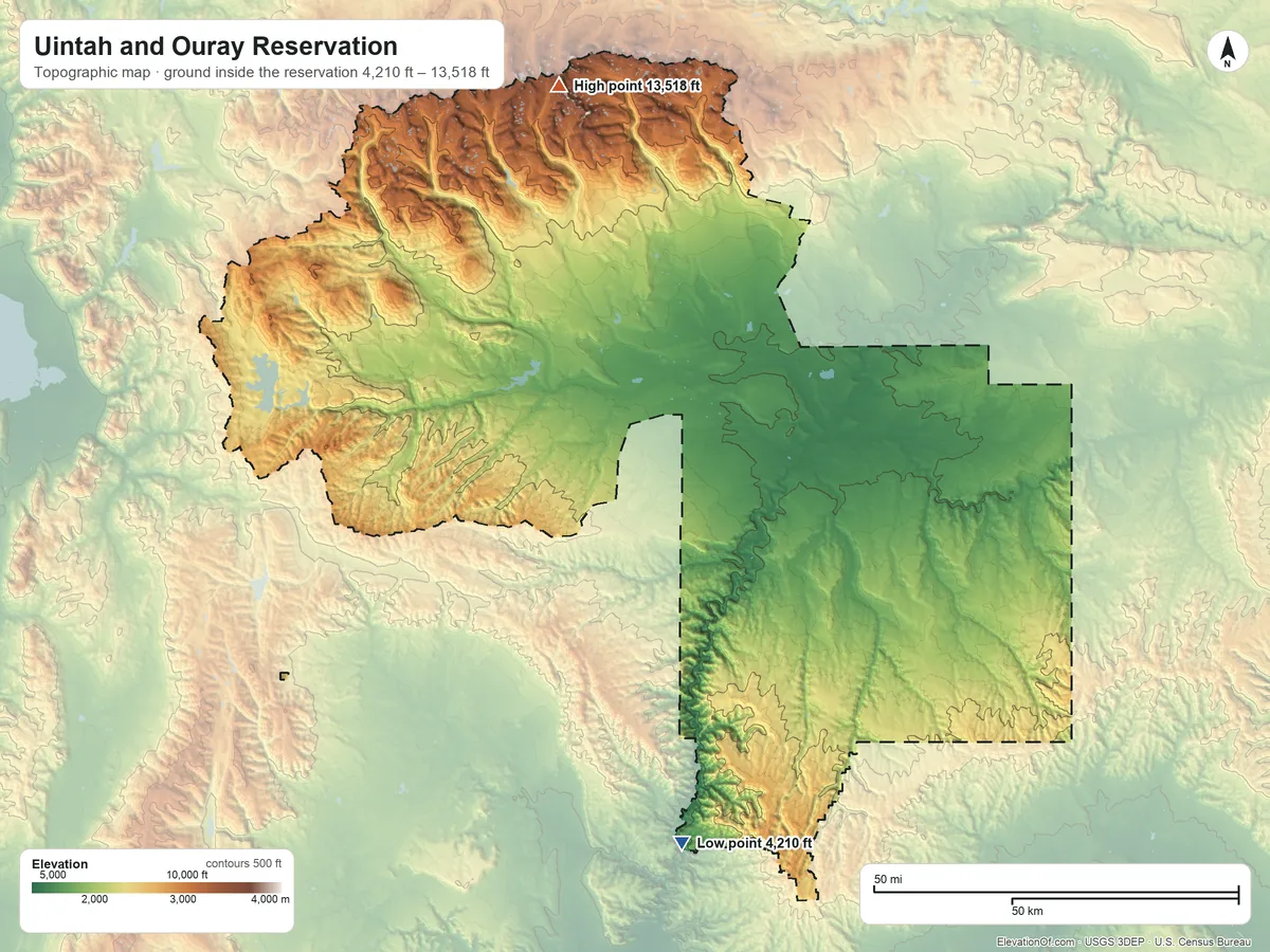 Topographic elevation map of Uintah and Ouray Reservation, Utah, shaded from 4,210 ft on the south side to 13,518 ft on South Kings Peak