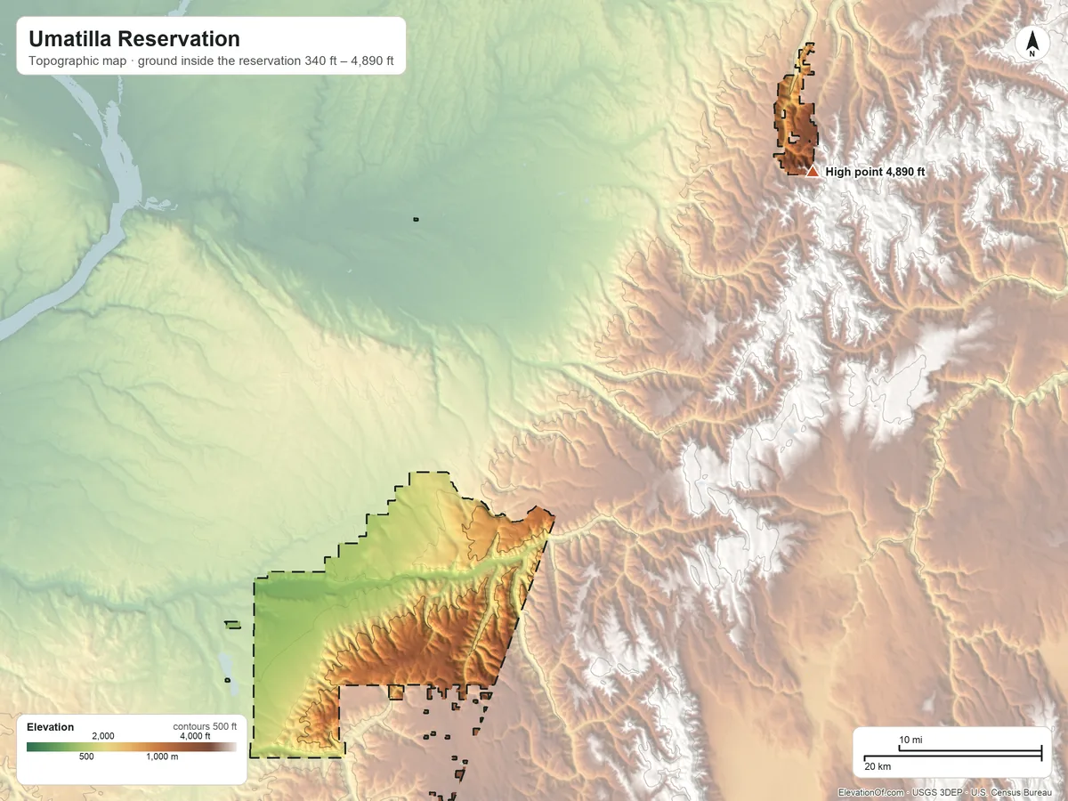 Topographic elevation map of Umatilla Reservation, Oregon, shaded from 340 ft on the west side to 4,890 ft on the northeast side