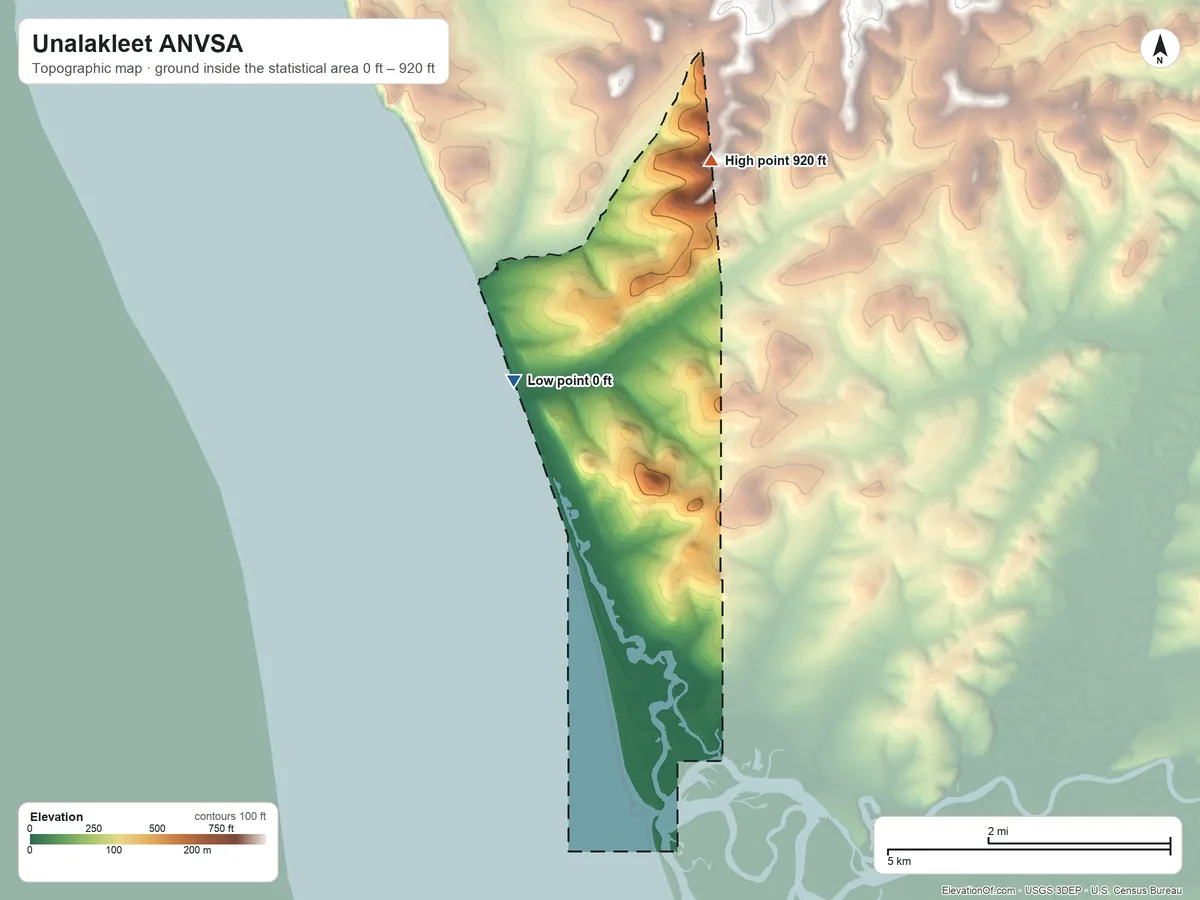 Topographic elevation map of Unalakleet ANVSA, Alaska, shaded from 0 ft on the northwest side to 920 ft on the north side