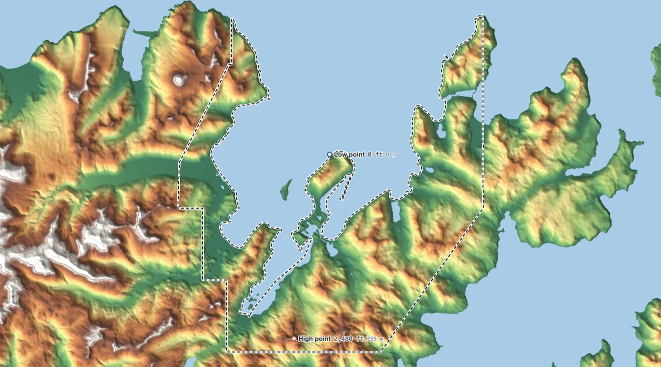 Topographic elevation map of Unalaska ANVSA, Alaska, shaded from sea level on Unalaska Bay to 2,480 ft on the south side