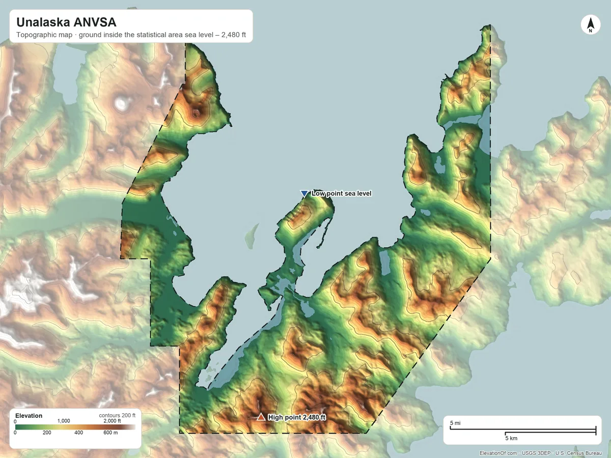 Topographic elevation map of Unalaska ANVSA, Alaska, shaded from sea level on Unalaska Bay to 2,480 ft on the south side
