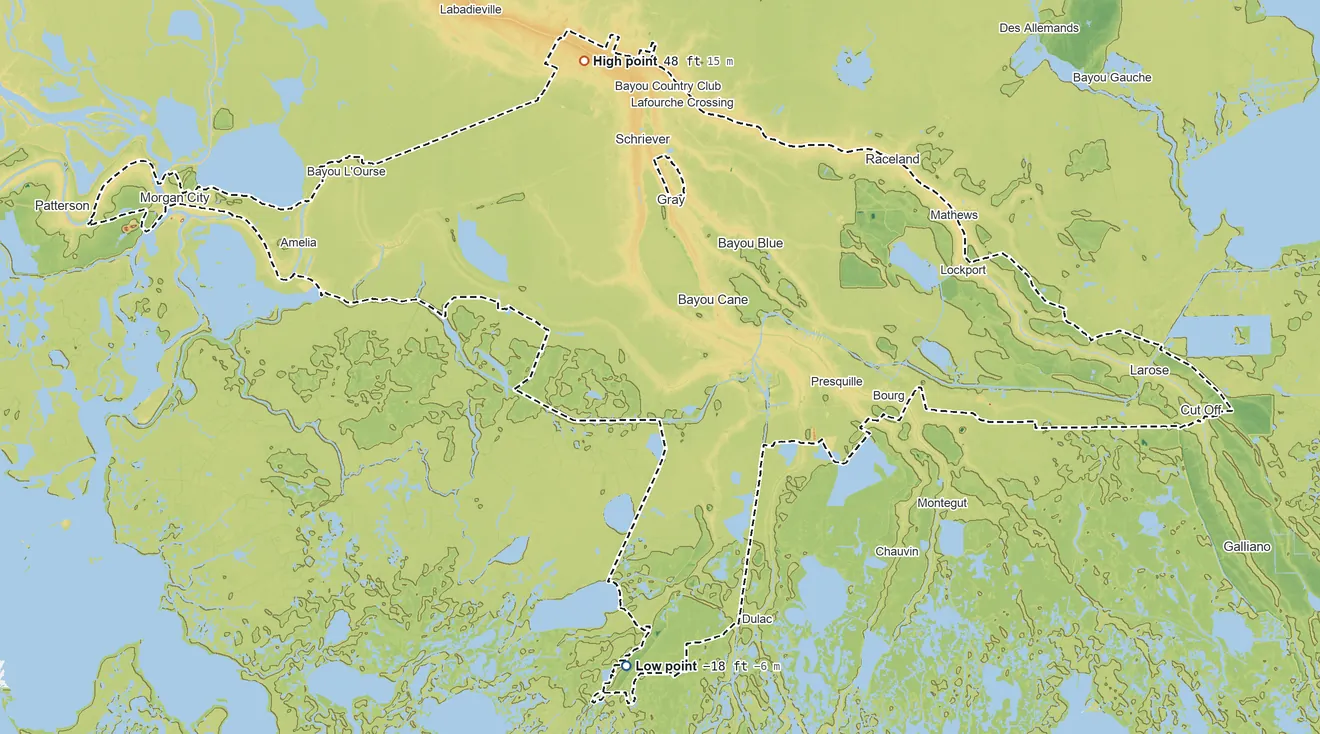Topographic elevation map of United Houma Nation SDTSA, Louisiana, shaded from 18 ft below sea level on the south side to 48 ft on the north side