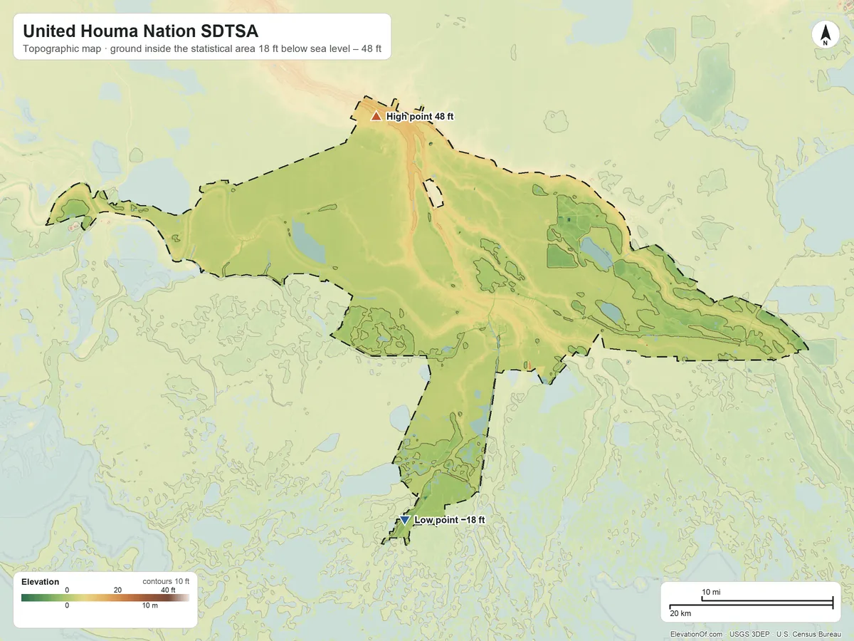 Topographic elevation map of United Houma Nation SDTSA, Louisiana, shaded from 18 ft below sea level on the south side to 48 ft on the north side