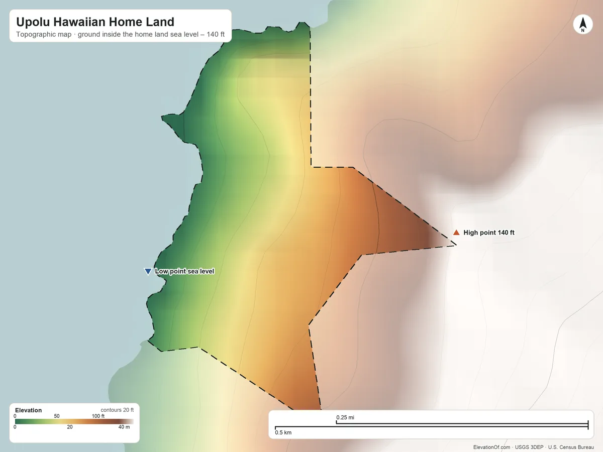 Topographic elevation map of Upolu Hawaiian Home Land, Hawaii, shaded from sea level on the Pacific Ocean to 140 ft on the east side