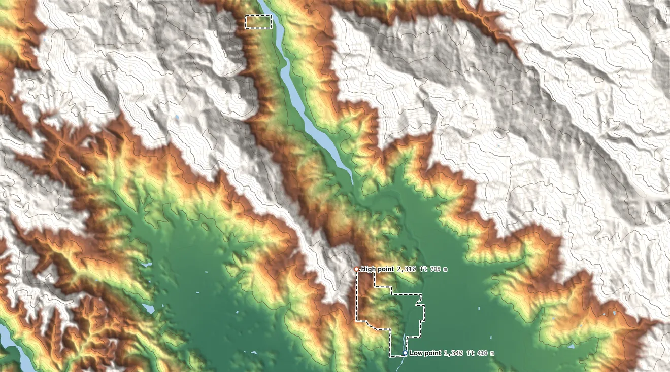 Topographic elevation map of Upper Lake Rancheria, California, shaded from 1,340 ft on the southeast side to 2,310 ft on the south side
