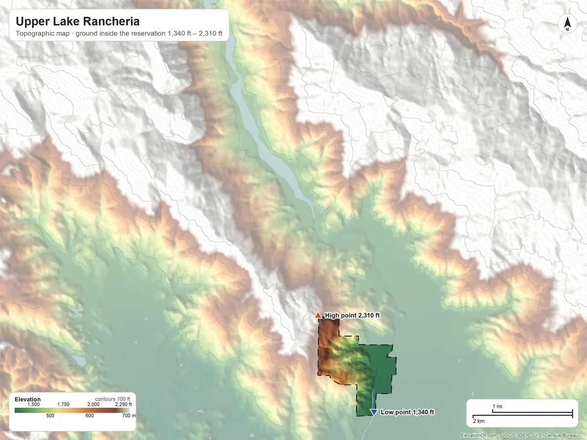 Topographic elevation map of Upper Lake Rancheria, California, shaded from 1,340 ft on the southeast side to 2,310 ft on the south side