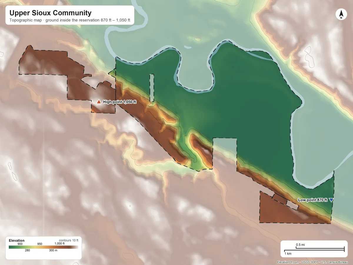 Topographic elevation map of Upper Sioux Community, Minnesota, shaded from 870 ft on the southeast side to 1,050 ft on the west side