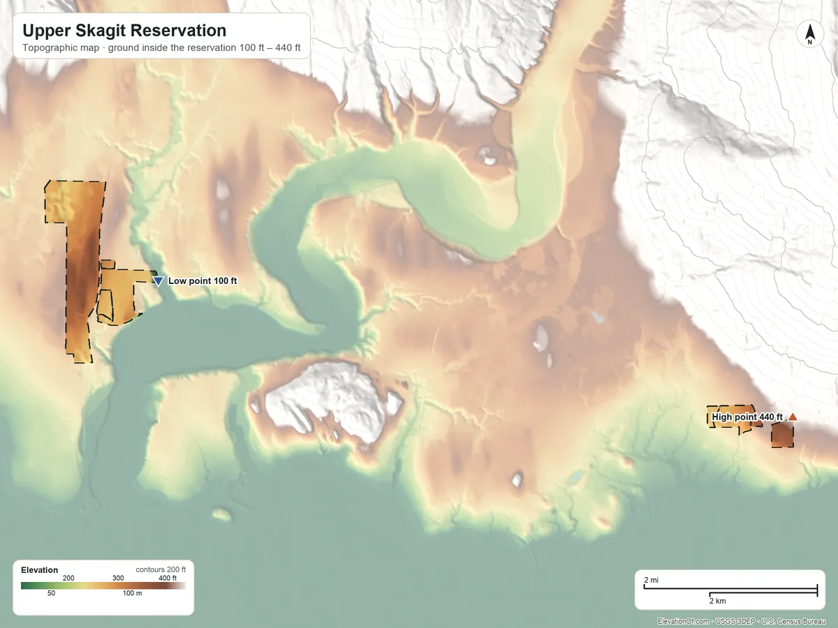 Topographic elevation map of Upper Skagit Reservation, Washington, shaded from 100 ft on the west side to 440 ft on the east side