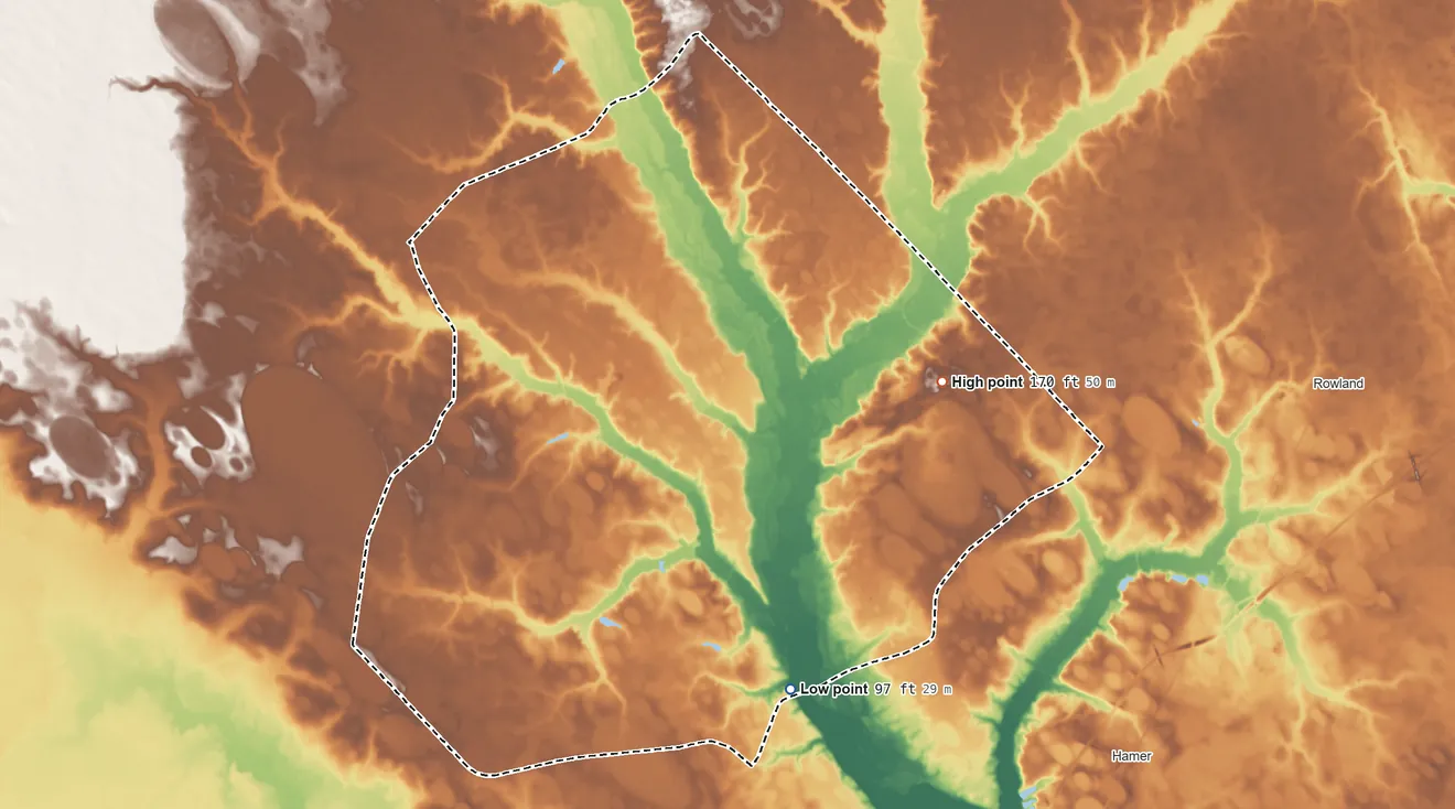 Topographic elevation map of Upper South Carolina Pee Dee SDTSA, South Carolina, shaded from 97 ft on the south side to 170 ft on the east side