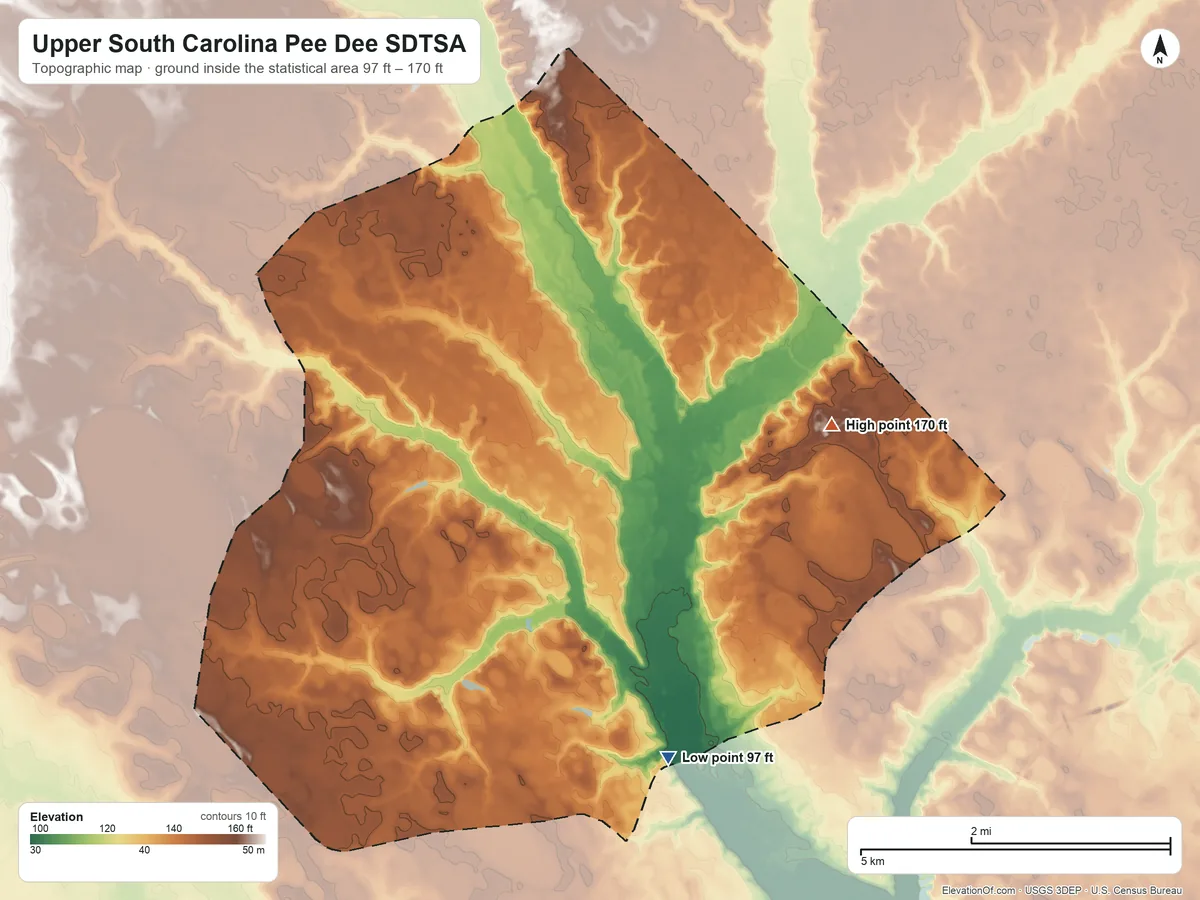 Topographic elevation map of Upper South Carolina Pee Dee SDTSA, South Carolina, shaded from 97 ft on the south side to 170 ft on the east side