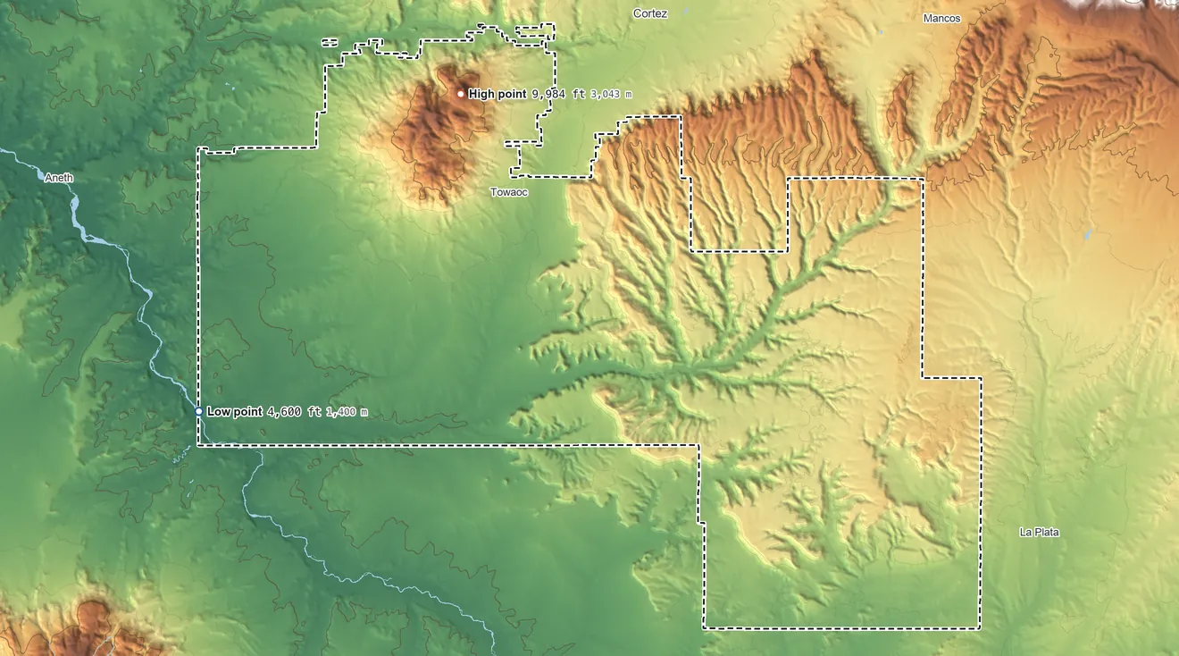 Topographic elevation map of Ute Mountain Reservation, Colorado, shaded from 4,600 ft on the west side to 9,984 ft on Ute Peak