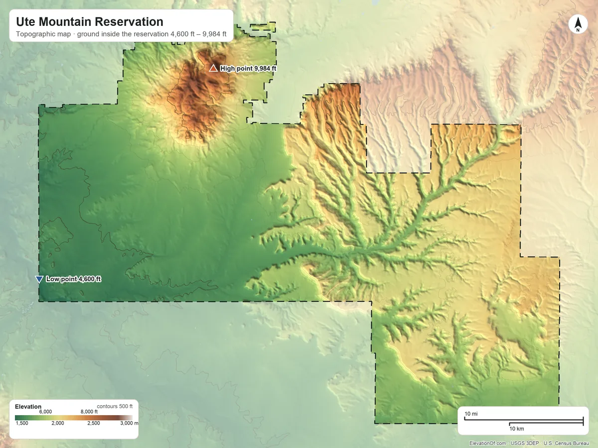 Topographic elevation map of Ute Mountain Reservation, Colorado, shaded from 4,600 ft on the west side to 9,984 ft on Ute Peak