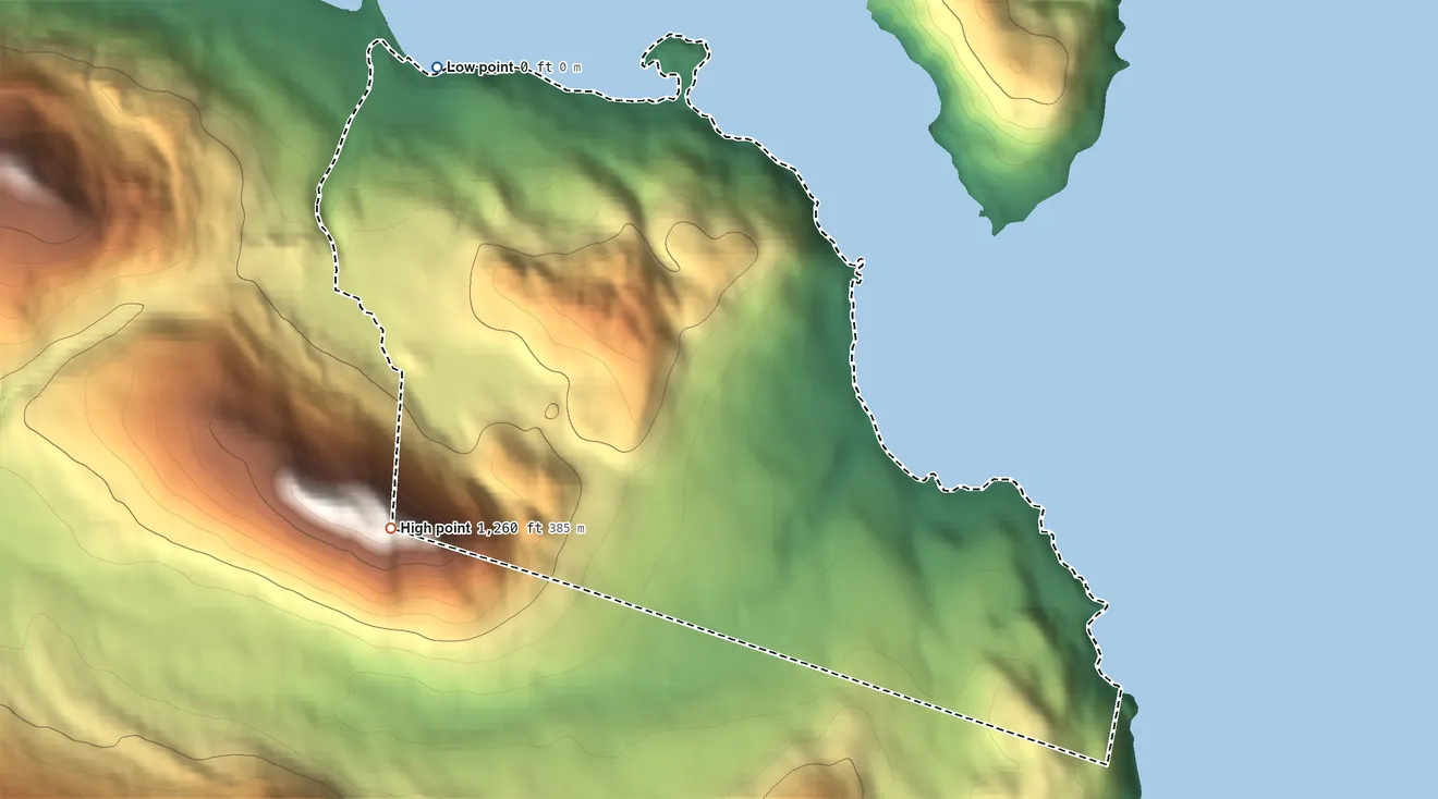 Topographic elevation map of Uyak ANVSA, Alaska, shaded from sea level on the Uyak Anchorage to 1,260 ft on the west side
