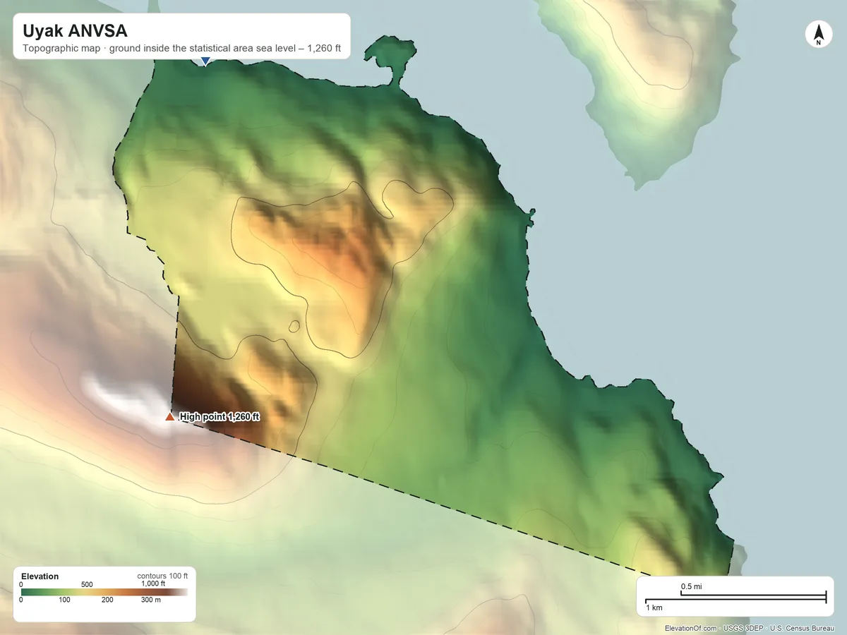Topographic elevation map of Uyak ANVSA, Alaska, shaded from sea level on the Uyak Anchorage to 1,260 ft on the west side