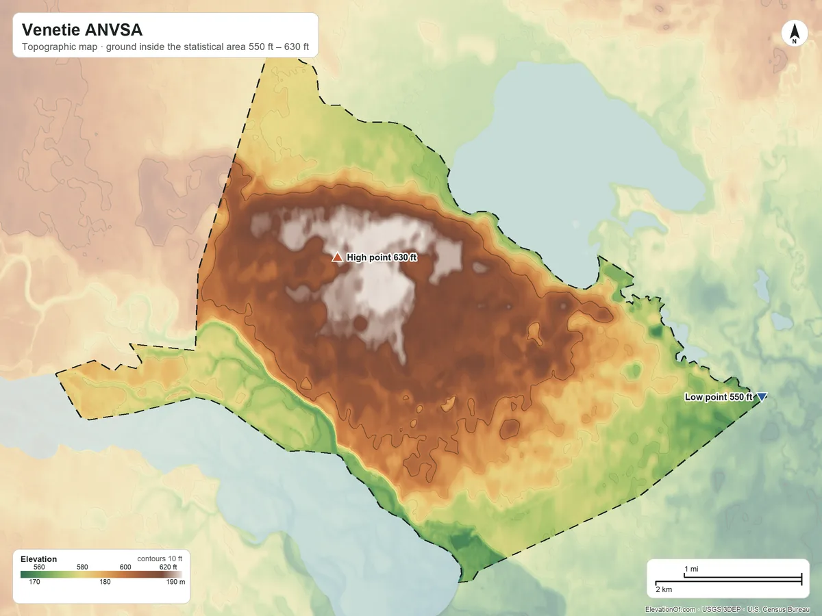 Topographic elevation map of Venetie ANVSA, Alaska, shaded from 550 ft on the east side to 630 ft near the middle