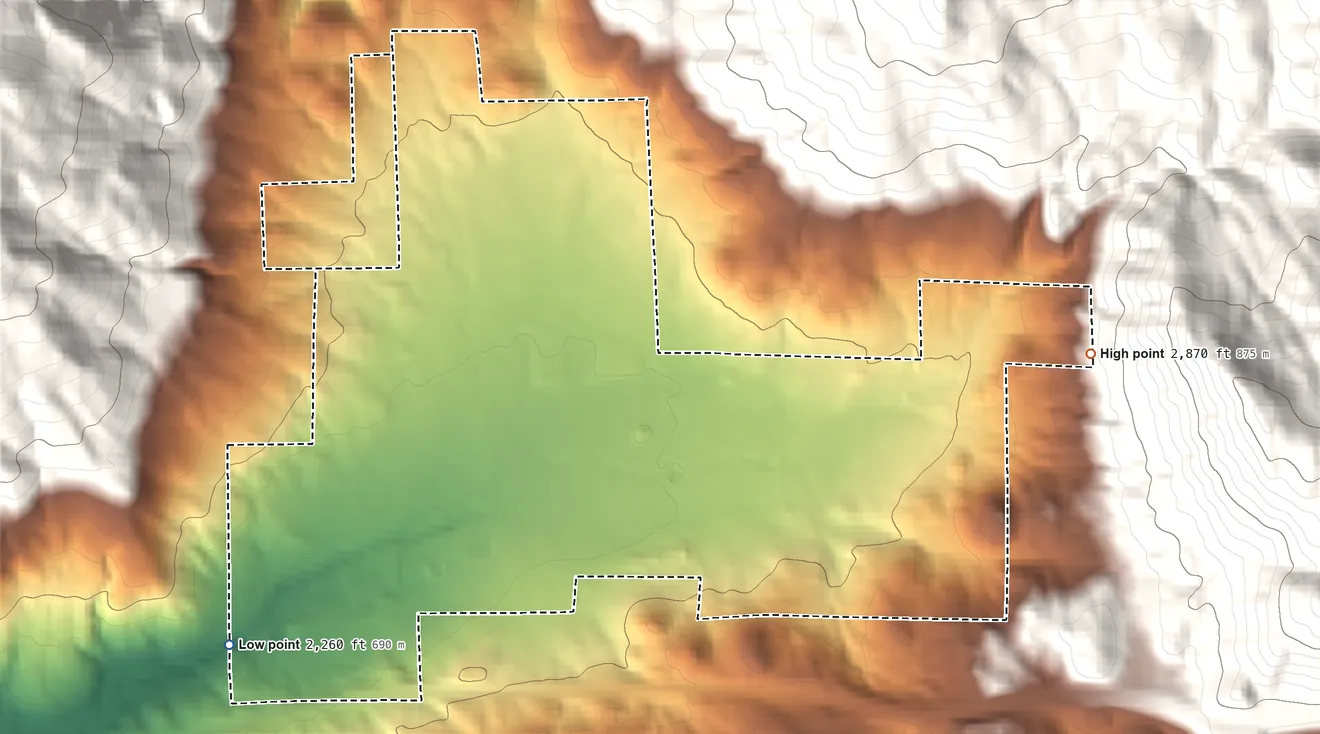 Topographic elevation map of Viejas Reservation, California, shaded from 2,260 ft on the southwest side to 2,870 ft on the east side