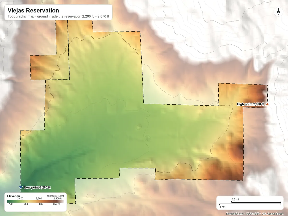 Topographic elevation map of Viejas Reservation, California, shaded from 2,260 ft on the southwest side to 2,870 ft on the east side
