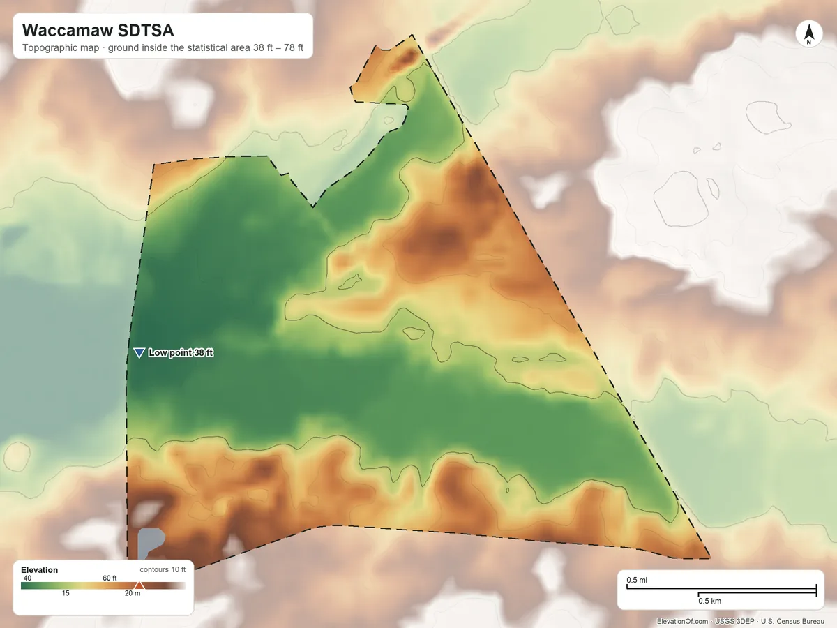 Topographic elevation map of Waccamaw SDTSA, South Carolina, shaded from 38 ft on the west side to 78 ft on the southwest side